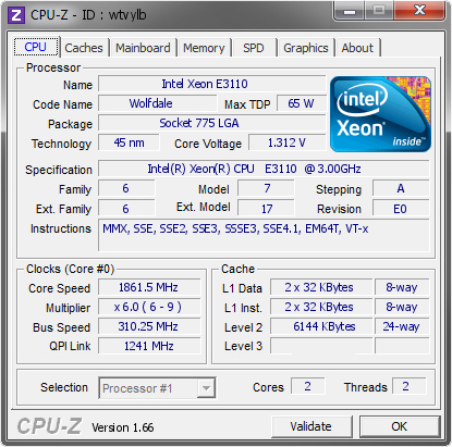 Bot Oceanië klok Intel Xeon E3110 @ 1861.5 MHz - CPU-Z VALIDATOR