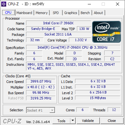 Intel Core i7 3960X 3999.07 MHz CPU Z VALIDATOR