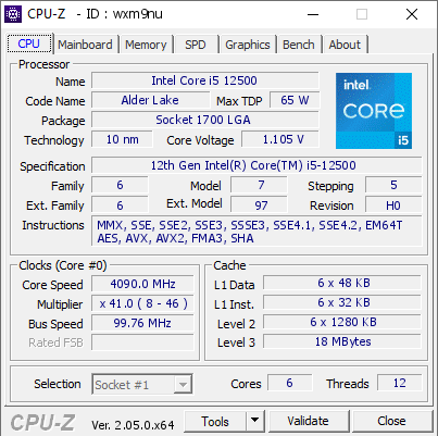 Intel Core i5 12500 @ 4090 MHz - CPU-Z VALIDATOR