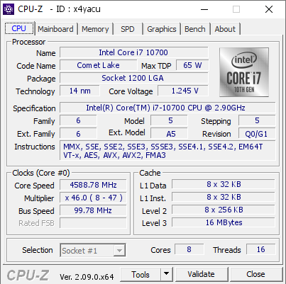 Intel Core i7 10700 @ 4588.78 MHz - CPU-Z VALIDATOR