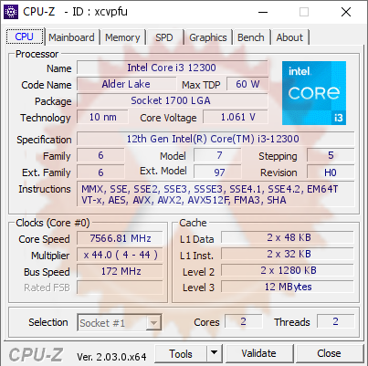 screenshot of CPU-Z validation for Dump [xcvpfu] - Submitted by  Seby9123  - 2022-12-03 03:45:42