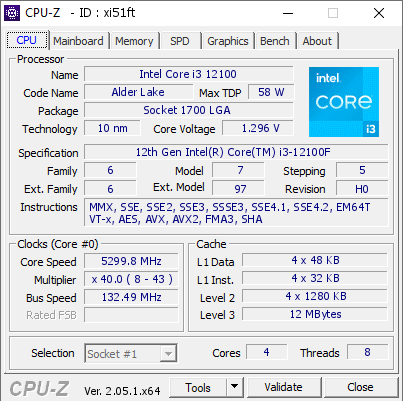 Intel Core i3 12100 @ 5299.8 MHz - CPU-Z VALIDATOR