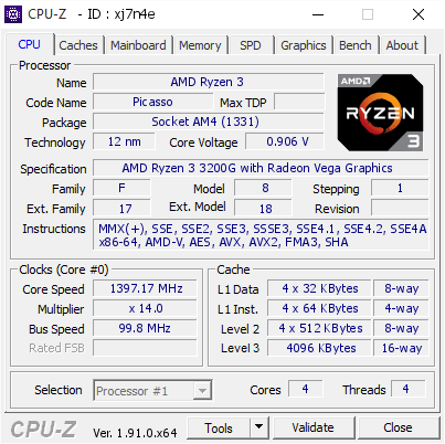 screenshot of CPU-Z validation for Dump [xj7n4e] - Submitted by  DESKTOP-D7U4VTG  - 2020-01-09 06:25:38