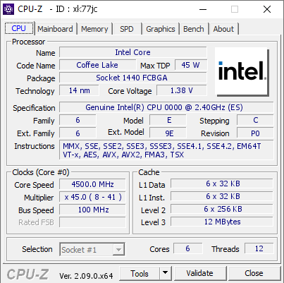 Intel Core @ 4500 MHz - CPU-Z VALIDATOR