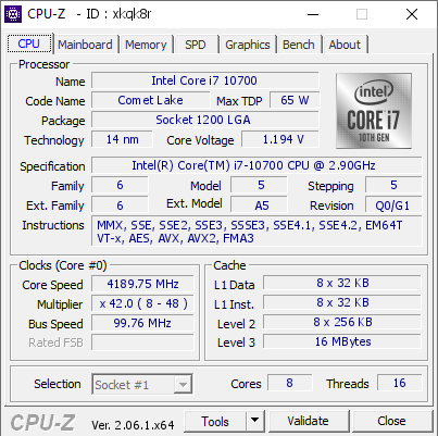 Intel Core i7 10700 @ 4189.75 MHz - CPU-Z VALIDATOR