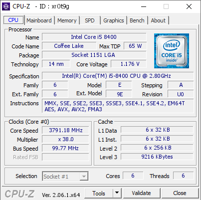 Intel Core i5 8400 @ 3791.18 MHz - CPU-Z VALIDATOR