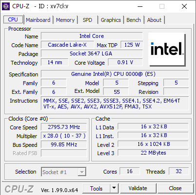 screenshot of CPU-Z validation for Dump [xv7ckv] - Submitted by  SM-X11DLP-i B2 5218 ES2 QQ9M  - 2022-06-07 20:59:13