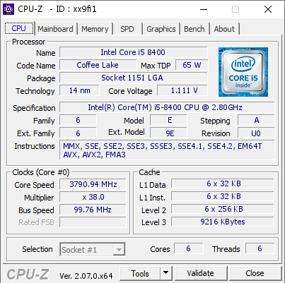 Intel Core i5 8400 @ 3790.94 MHz - CPU-Z VALIDATOR