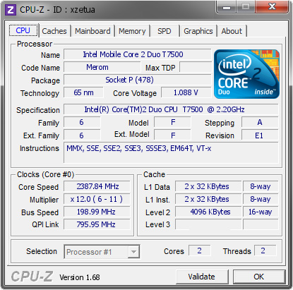 Intel Mobile Core 2 Duo T7500 @ 2387.84 MHz - CPU-Z VALIDATOR