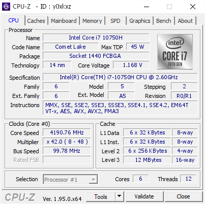 Intel Core I7 10750h 4190 76 Mhz Cpu Z Validator