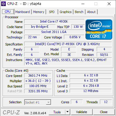 Intel Core i7 4930K @ 3601.74 MHz - CPU-Z VALIDATOR