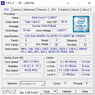 Intel Core i7 1165G7 @ 4091.12 MHz - CPU-Z VALIDATOR