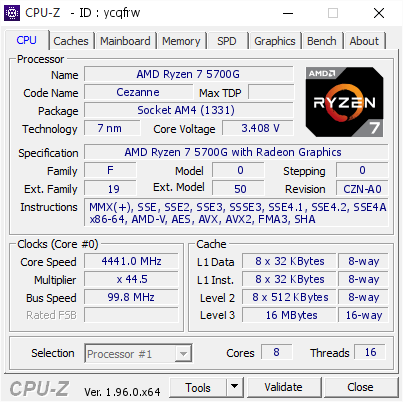 AMD Ryzen 7 5700G @ 4441 MHz - CPU-Z VALIDATOR