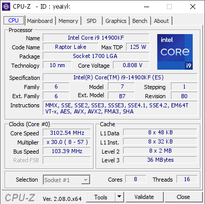 screenshot of CPU-Z validation for Dump [yeaiyk] - Submitted by  hocayu  - 2023-12-04 10:51:18