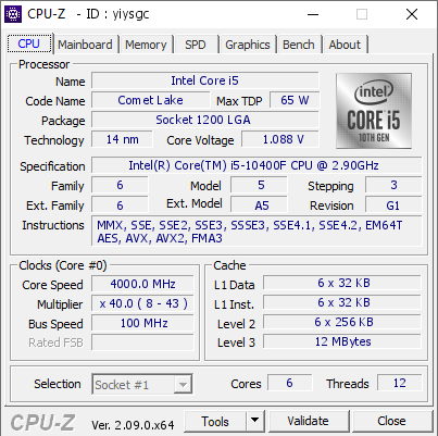 Intel Core i5 @ 4000 MHz - CPU-Z VALIDATOR