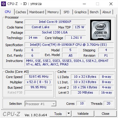 Intel Core i9 10900KF @ 5197.45 MHz - CPU-Z VALIDATOR