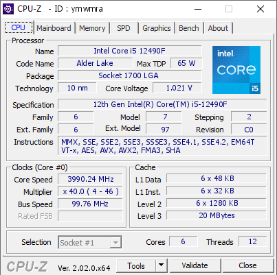 screenshot of CPU-Z validation for Dump [ymwmra] - Submitted by  Anonymous  - 2022-10-09 09:43:00