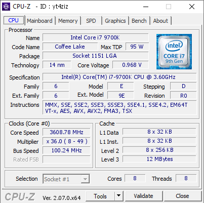 Intel Core i7 9700K @ 3608.78 MHz - CPU-Z VALIDATOR