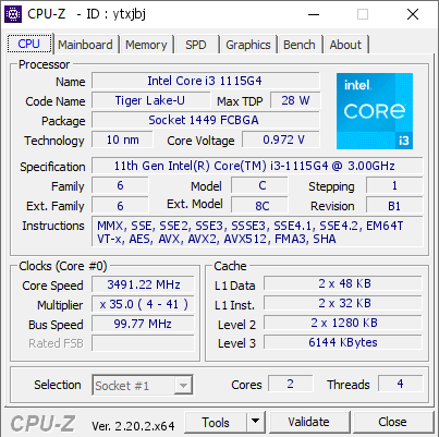 screenshot of CPU-Z validation for Dump [ytxjbj] - Submitted by  LAPTOP-CJ22DA4V  - 2026-08-11 09:28:38