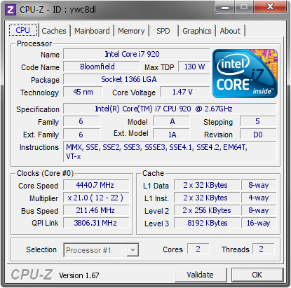 Intel Core i7 920 @ 4440.7 MHz - CPU-Z VALIDATOR