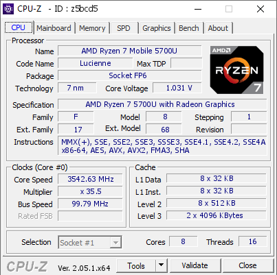 AMD Ryzen 7 Mobile 5700U 3542.63 MHz CPU Z VALIDATOR