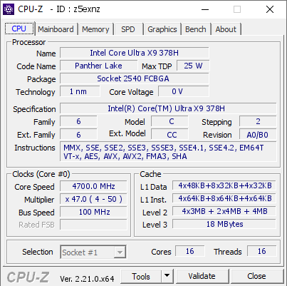 screenshot of CPU-Z validation for Dump [z5exnz] - Submitted by  Anonymous  - 2026-08-19 21:54:49