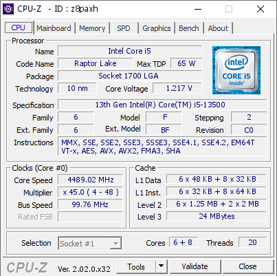 Intel Core i5 @ 4489.02 MHz - CPU-Z VALIDATOR