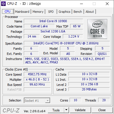 Intel Core i9 10900 @ 4582.75 MHz - CPU-Z VALIDATOR