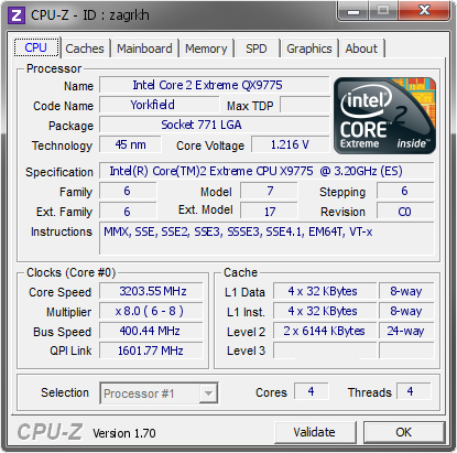 Intel Core 2 Extreme Qx9775 3203 55 Mhz Cpu Z Validator