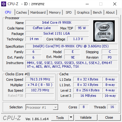Intel Core i9 9900K @ 7613.19 MHz - CPU-Z VALIDATOR