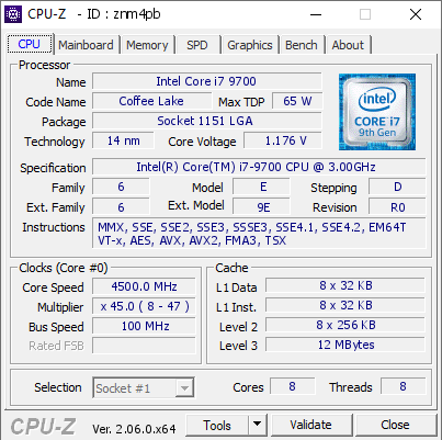 Intel Core i7 9700 @ 4500 MHz - CPU-Z VALIDATOR