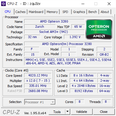 AMD Opteron 3280 @ 4020.12 MHz - CPU-Z VALIDATOR