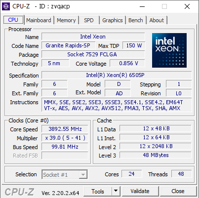 screenshot of CPU-Z validation for Dump [zvqacp] - Submitted by  Anonymous  - 2026-07-03 23:59:48