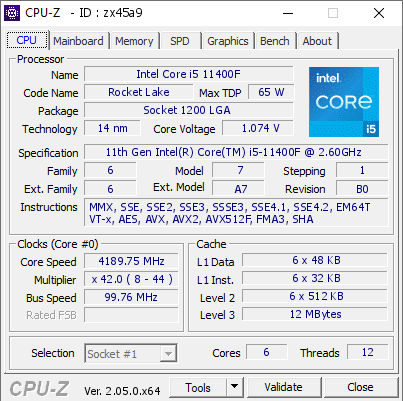 Intel Core i5 11400F @ 4189.75 MHz - CPU-Z VALIDATOR