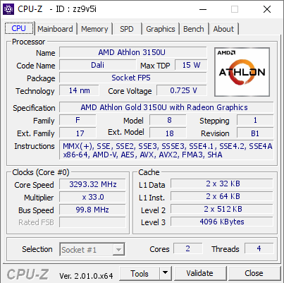 screenshot of CPU-Z validation for Dump [zz9v5i] - Submitted by  IdeaPad 3 3150U  - 2022-07-23 16:17:13
