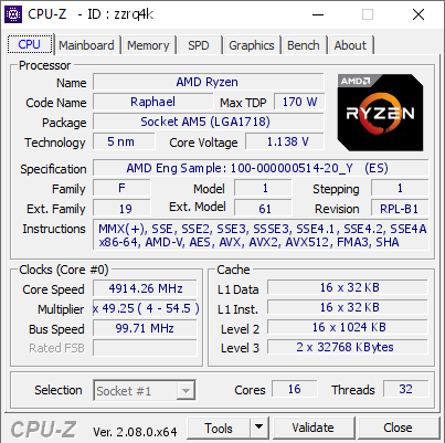 screenshot of CPU-Z validation for Dump [zzrq4k] - Submitted by  Noliso  - 2024-01-20 18:22:17